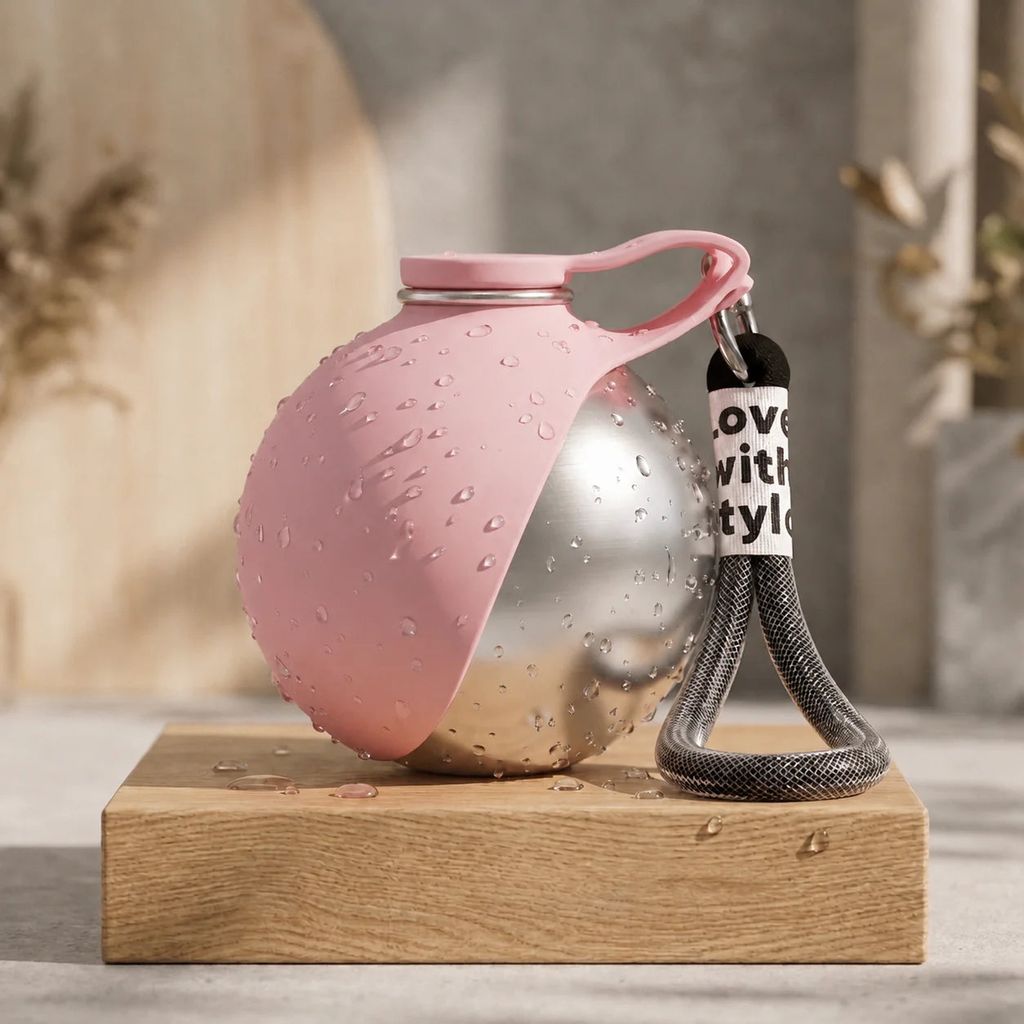 Pink and silver ball-shaped object with a keychain on a wooden stand